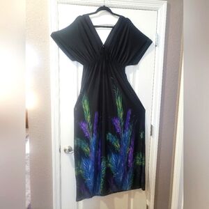 Elegant Black and Multicolor Feather Print Dress